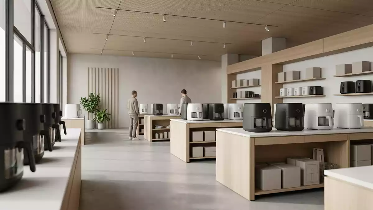 Architektur-Render im Kuechengeraete Laden mit Heissluftfritteuse im Ausstellungsbereich
