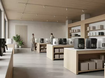 Architektur-Render im Kuechengeraete Laden mit Heissluftfritteuse zum Thema Philips HD9741 Airfryer 1, neutrales Tageslicht - Foto: THN