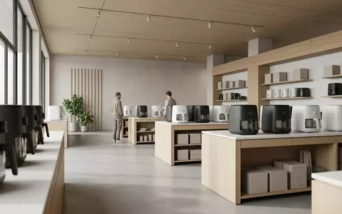 Architektur-Render im Kuechengeraete Laden mit Heissluftfritteuse zum Thema Philips HD9741 Airfryer 1, neutrales Tageslicht - Foto: THN