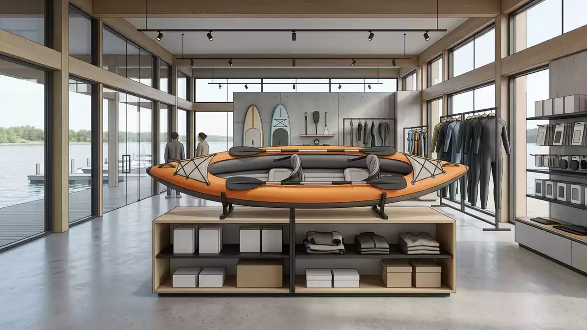 Architektur-Render im Wassersportgeschaeft mit Aufblasbares Kajak im Ausstellungsbereich
