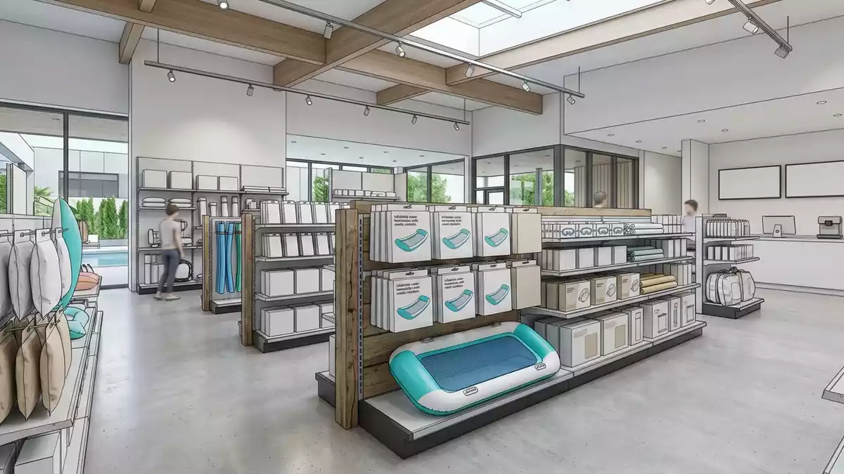 Architektur-Render im Poolzubehoergeschaeft mit Wasserhaengematte im Ausstellungsbereich