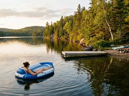Fotorealistische Aufnahme von Wasserhaengematte am Seeufer zum Thema Intex Floating Row Wasserhängematte, warmes Abendlicht - Foto: THN