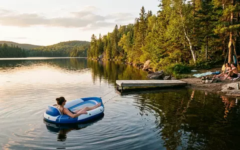 Fotorealistische Aufnahme von Wasserhaengematte am Seeufer zum Thema Intex Floating Row Wasserhängematte, warmes Abendlicht - Foto: THN