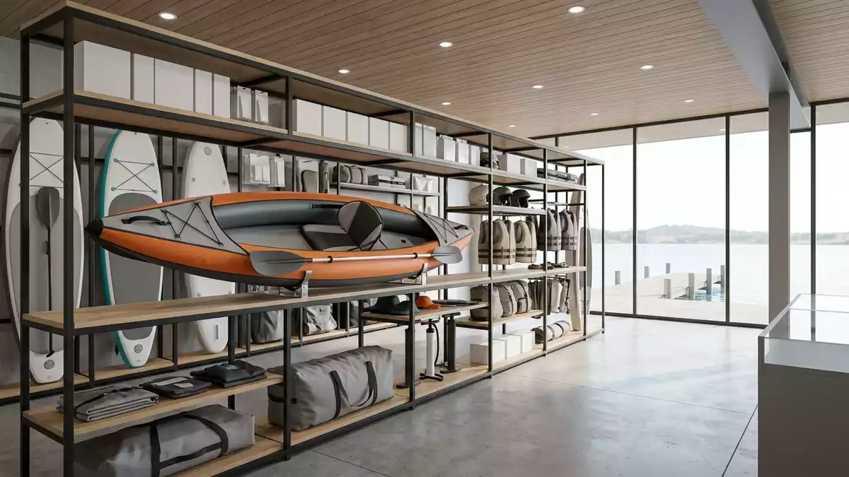 Architektur-Render im Wassersportgeschaeft mit Aufblasbares Kajak im Ausstellungsbereich