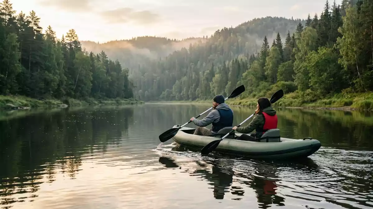 Fotorealistische Ansicht von Aufblasbares Kajak auf dem Fluss in realer Umgebung