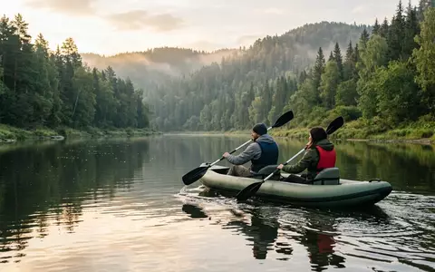 Fotorealistische Aufnahme von Aufblasbares Kajak auf dem Fluss zum Thema Intex Challenger K2 Kajak - Foto: THN