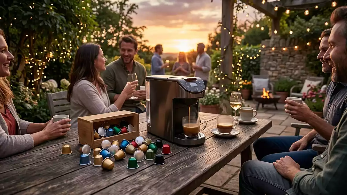Fotorealistische Ansicht von Kaffeekapseln auf der Terrasse in warmem Abendlicht