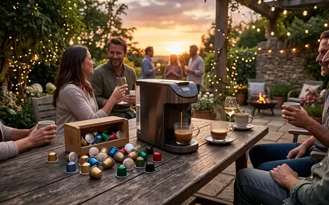 Fotorealistische Aufnahme von Kaffeekapseln auf der Terrasse zum Thema Tassimo Jacobs Krönung Kaffeekapseln, warmes Abendlicht - Foto: THN