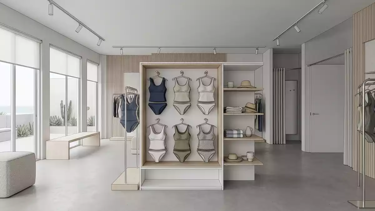 Architektur-Render im Bademodengeschaeft mit Tankini im Ausstellungsbereich, neutral