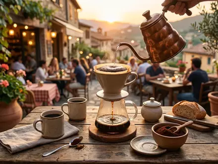 Fotorealistische Aufnahme von Filterkaffee auf der Terrasse zum Thema Jacobs Krönung Aroma Filterkaffee, warmes Abendlicht - Foto: THN