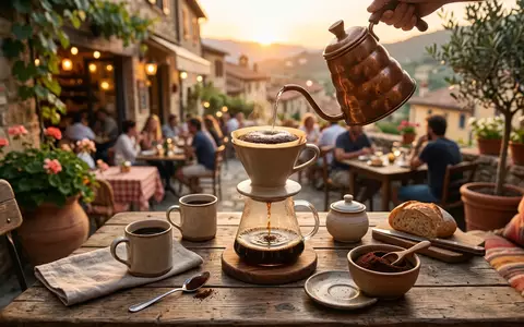 Fotorealistische Aufnahme von Filterkaffee auf der Terrasse zum Thema Jacobs Krönung Aroma Filterkaffee, warmes Abendlicht - Foto: THN