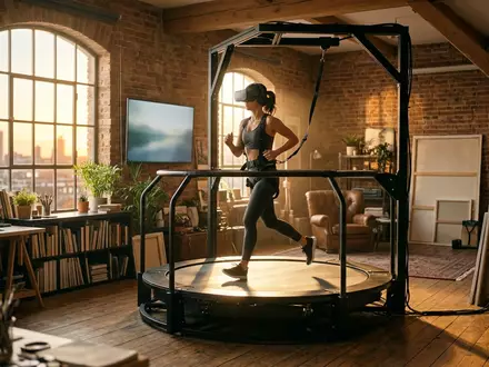 Fotorealistische Aufnahme von Bewegungslaufband im Studio zum Thema Virtuix Omni One VR-Laufband, warmes Abendlicht - Foto: THN