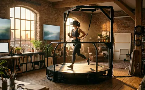 Fotorealistische Aufnahme von Bewegungslaufband im Studio zum Thema Virtuix Omni One VR-Laufband, warmes Abendlicht - Foto: THN