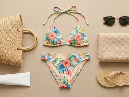 Flatlay-Arrangement rund um Bikini zum Thema Viottiset Damen 2-teilig Bikini, weiches Oberlicht - Foto: THN