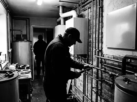 Schwarzweiss-Reportage mit Heizungsthermostat zum Thema Viessmann Vitodens 200-W Smart, hoher Kontrast, sachlich dargestellt - Foto: THN