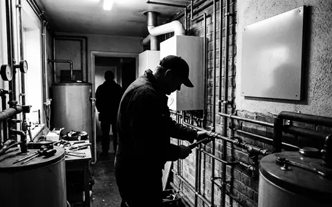 Schwarzweiss-Reportage mit Heizungsthermostat zum Thema Viessmann Vitodens 200-W Smart, hoher Kontrast, sachlich dargestellt - Foto: THN