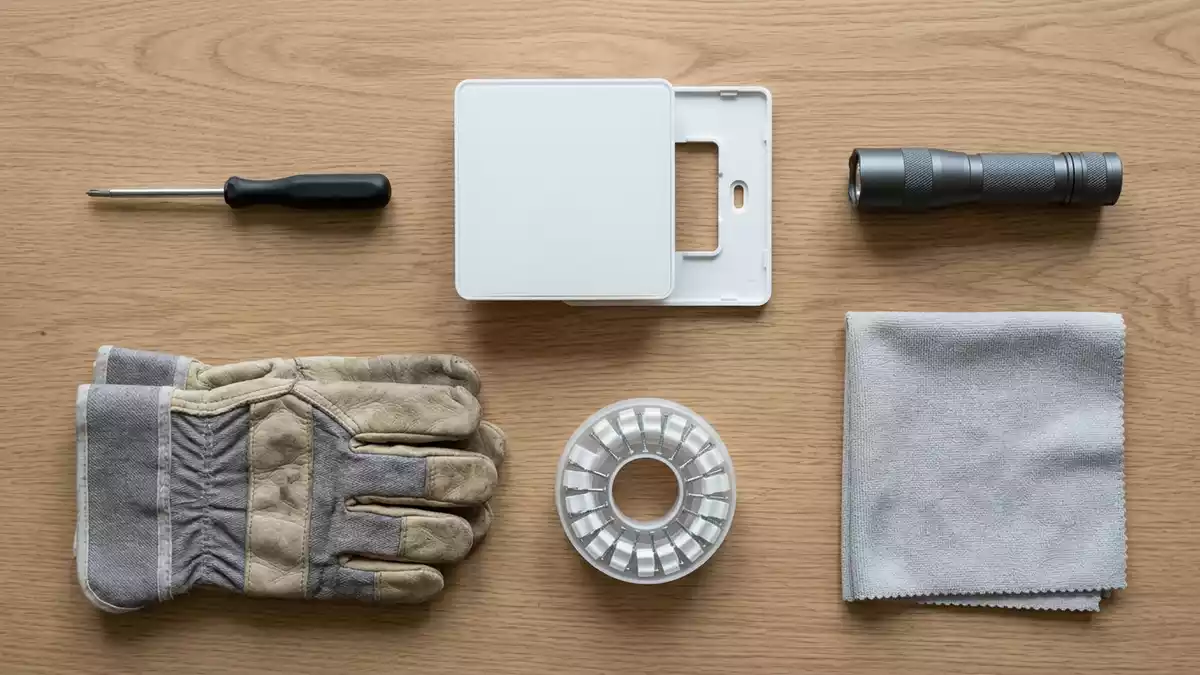 Flatlay-Arrangement rund um Heizungsthermostat mit passenden Requisiten von oben