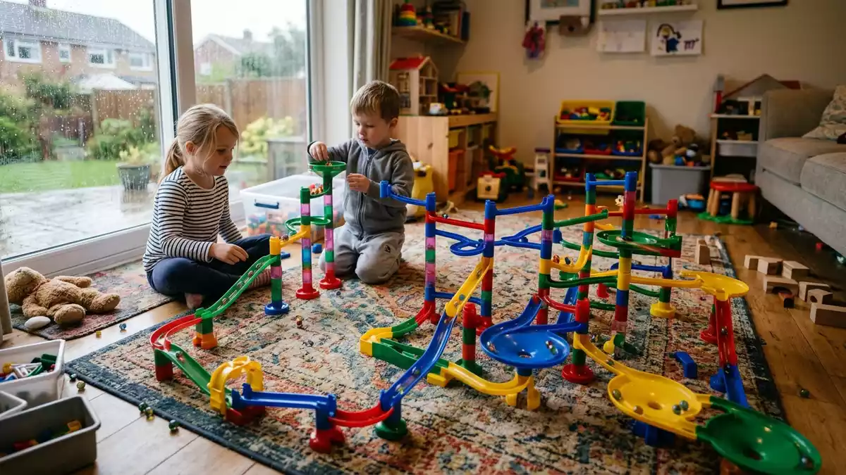 Fotorealistische Ansicht von Kugelbahn im Spielzimmer in realer Umgebung, neutral
