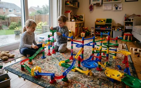 Fotorealistische Aufnahme von Kugelbahn im Spielzimmer zum Thema Ravensburger GraviTrax Starter-Set Kugelbahn, natuerliches Licht - Foto: THN