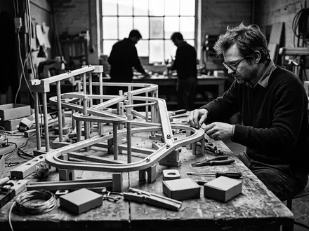 Schwarzweiss-Reportage mit Kugelbahn zum Thema Ravensburger GraviTrax Starter-Set Kugelbahn, hoher Kontrast, sachlich dargestellt - Foto: THN