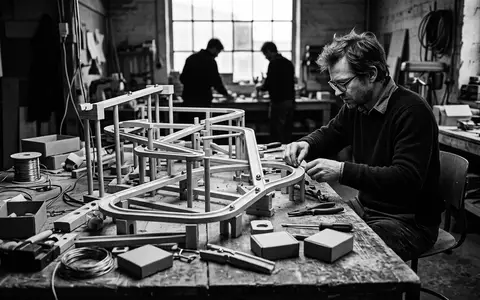 Schwarzweiss-Reportage mit Kugelbahn zum Thema Ravensburger GraviTrax Starter-Set Kugelbahn, hoher Kontrast, sachlich dargestellt - Foto: THN