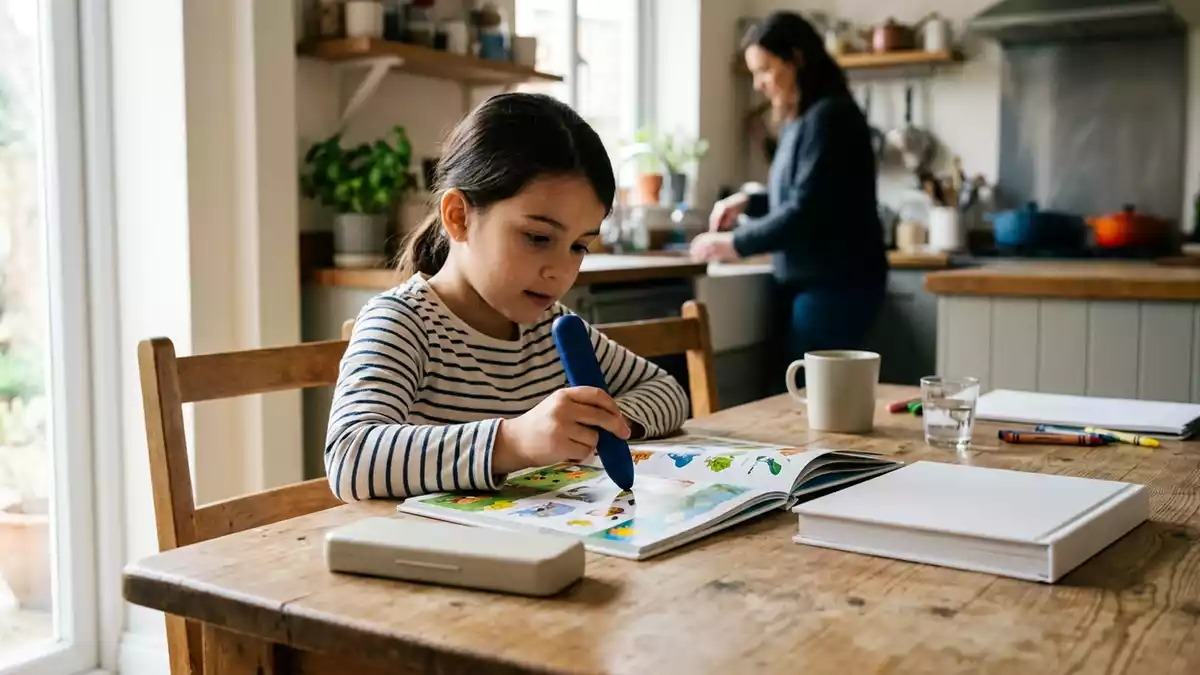 Fotorealistische Ansicht von Lernstift-Set am Kuechentisch in realer Umgebung, neutral