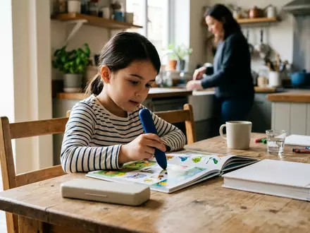 Fotorealistische Aufnahme von Lernstift-Set am Kuechentisch zum Thema Ravensburger tiptoi Starter-Set Stift, natuerliches Licht - Foto: THN