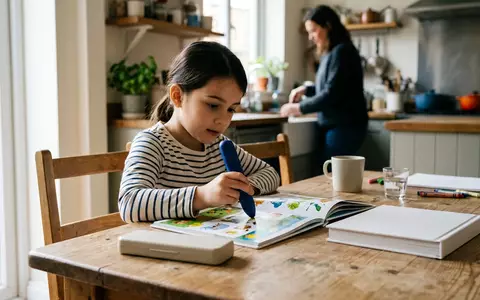 Fotorealistische Aufnahme von Lernstift-Set am Kuechentisch zum Thema Ravensburger tiptoi Starter-Set Stift, natuerliches Licht - Foto: THN