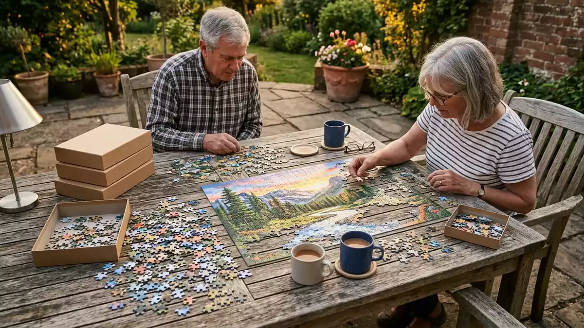 Fotorealistische Ansicht von Puzzle auf der Terrasse in warmem Abendlicht, neutral