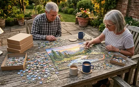 Fotorealistische Aufnahme von Puzzle auf der Terrasse zum Thema Ravensburger Puzzle 500 Teile, warmes Abendlicht - Foto: THN