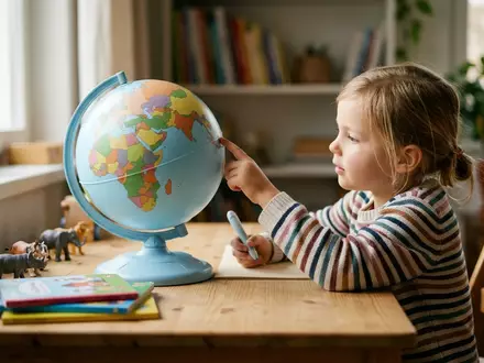 Fotorealistische Aufnahme von Lernglobus am Schreibtisch zum Thema Ravensburger tiptoi Globus interaktiv, natuerliches Licht - Foto: THN