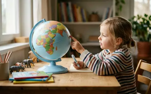 Fotorealistische Aufnahme von Lernglobus am Schreibtisch zum Thema Ravensburger tiptoi Globus interaktiv, natuerliches Licht - Foto: THN