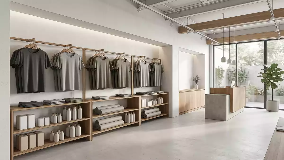 Architektur-Render im Sportmodegeschaeft mit Sportshirt im Ausstellungsbereich