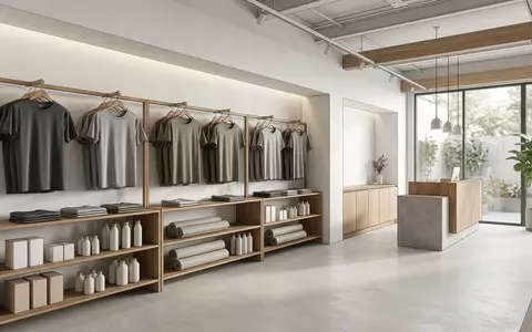 Architektur-Render im Sportmodegeschaeft mit Sportshirt zum Thema Lululemon Metal Vent Tech, neutrales Tageslicht - Foto: THN
