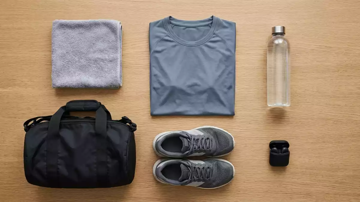Flatlay-Arrangement rund um Sportshirt mit passenden Requisiten von oben, neutral