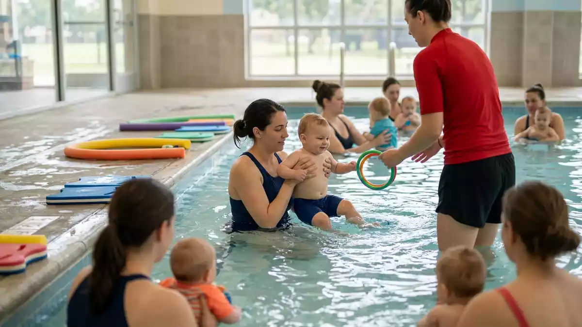 Fotorealistische Ansicht von Babybadehose im Schwimmbad in realer Umgebung, neutral