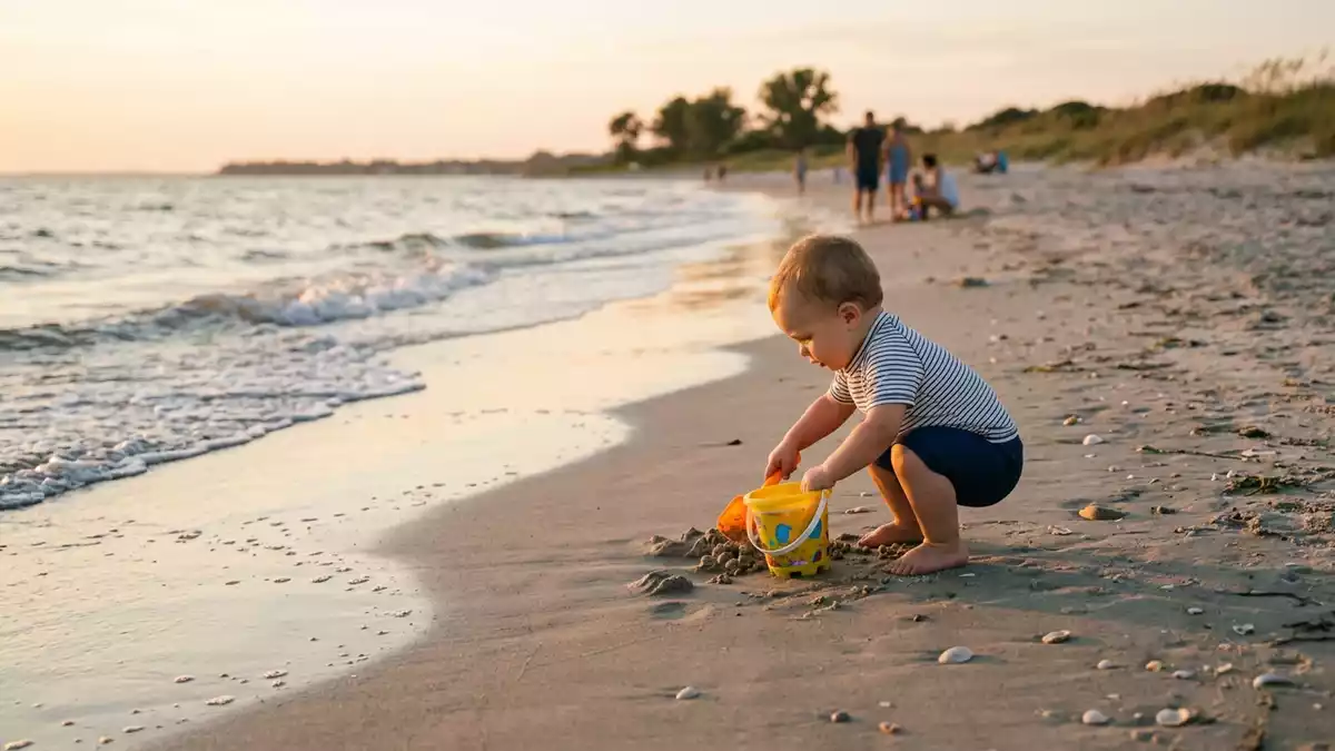 Fotorealistische Ansicht von Babybadehose am Strand in warmem Abendlicht, neutral
