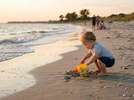 Fotorealistische Aufnahme von Babybadehose am Strand zum Thema Lupilu Baby Badehose mit, warmes Abendlicht - Foto: THN
