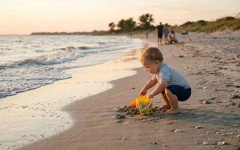 Fotorealistische Aufnahme von Babybadehose am Strand zum Thema Lupilu Baby Badehose mit, warmes Abendlicht - Foto: THN