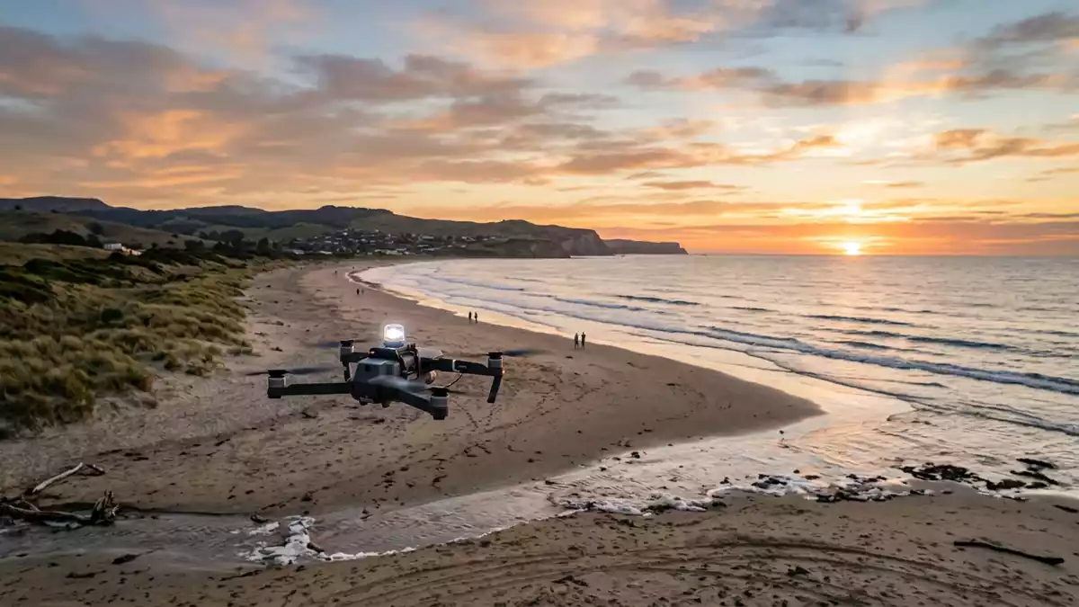 Fotorealistische Ansicht von Drohnenwarnlicht am Strand in warmem Abendlicht, neutral