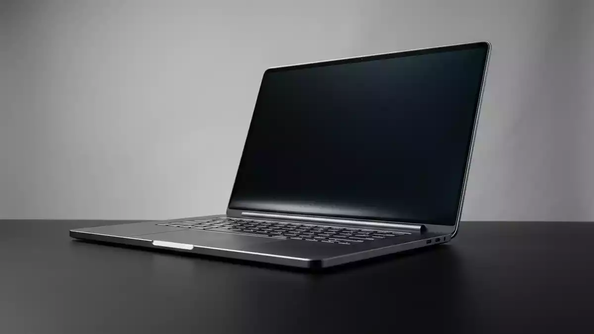 Fotorealistische Studioansicht von Faltlaptop in neutraler Produktdarstellung, neutral