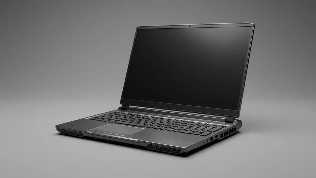 Fotorealistische Studioansicht von Gaming-Laptop in neutraler Produktdarstellung
