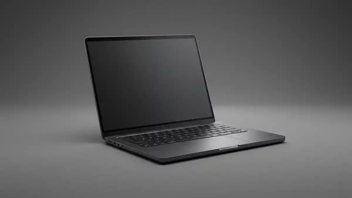 Fotorealistische Studioansicht von Laptop in neutraler Produktdarstellung, neutral