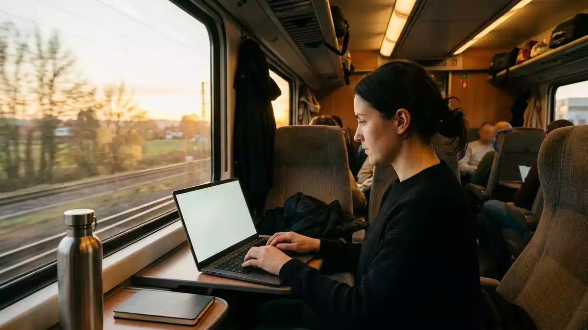 Fotorealistische Ansicht von Laptop auf Zugreise in warmem Abendlicht, neutral