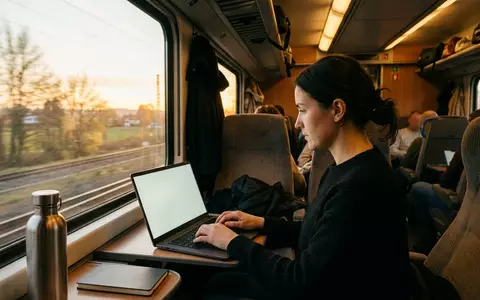 Fotorealistische Aufnahme von Laptop auf Zugreise zum Thema Lenovo IdeaPad 5x 14, warmes Abendlicht - Foto: THN