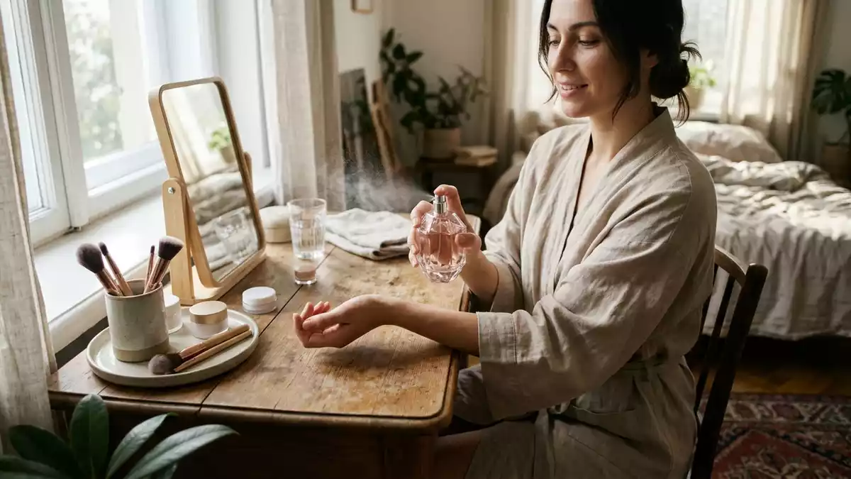 Fotorealistische Ansicht von Eau de Toilette am Schminktisch in realer Umgebung