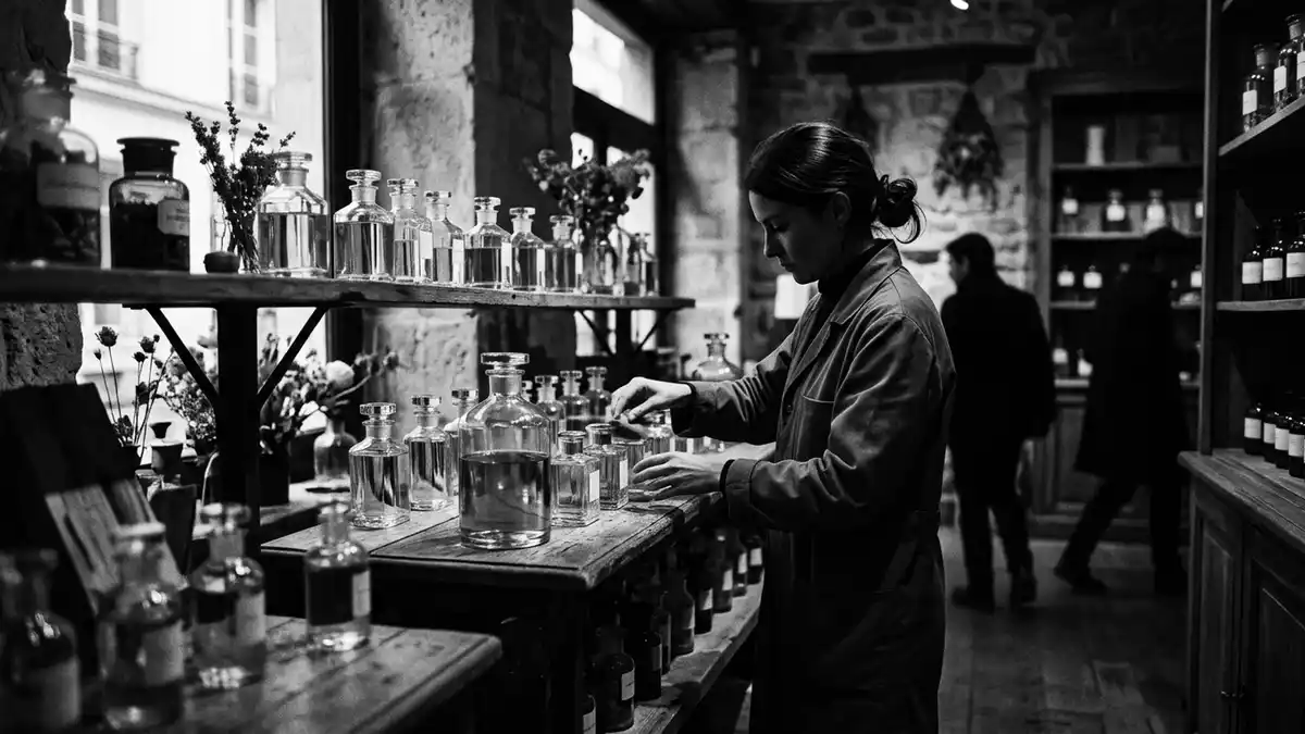 Schwarzweiss-Reportagebild mit Eau de Parfum in dokumentarischer Arbeitsumgebung