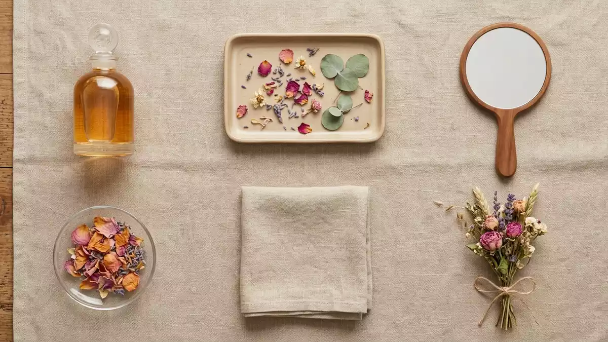 Flatlay-Arrangement rund um Eau de Parfum mit passenden Requisiten von oben, neutral
