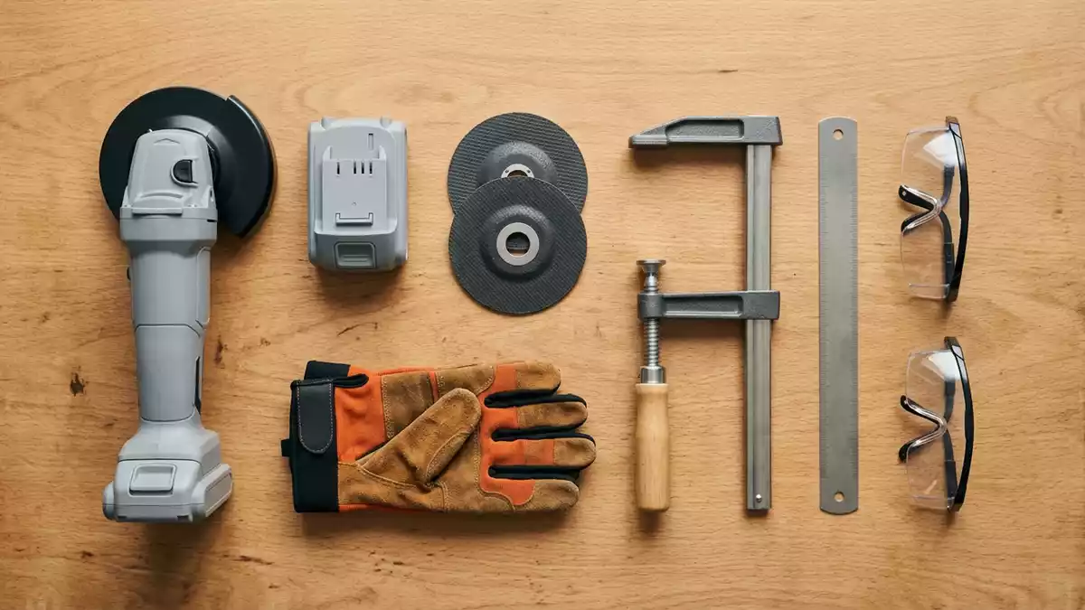 Flatlay-Arrangement rund um Akku-Winkelschleifer mit passenden Requisiten von oben