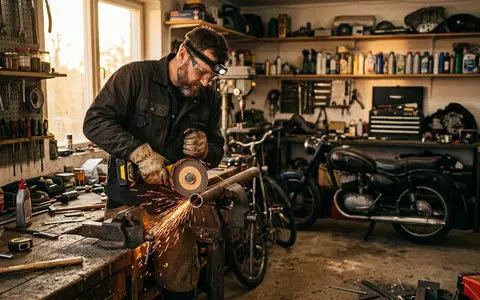 Fotorealistische Aufnahme von Akku-Winkelschleifer in der Garage zum Thema Metabo W 18 L, warmes Abendlicht - Foto: THN